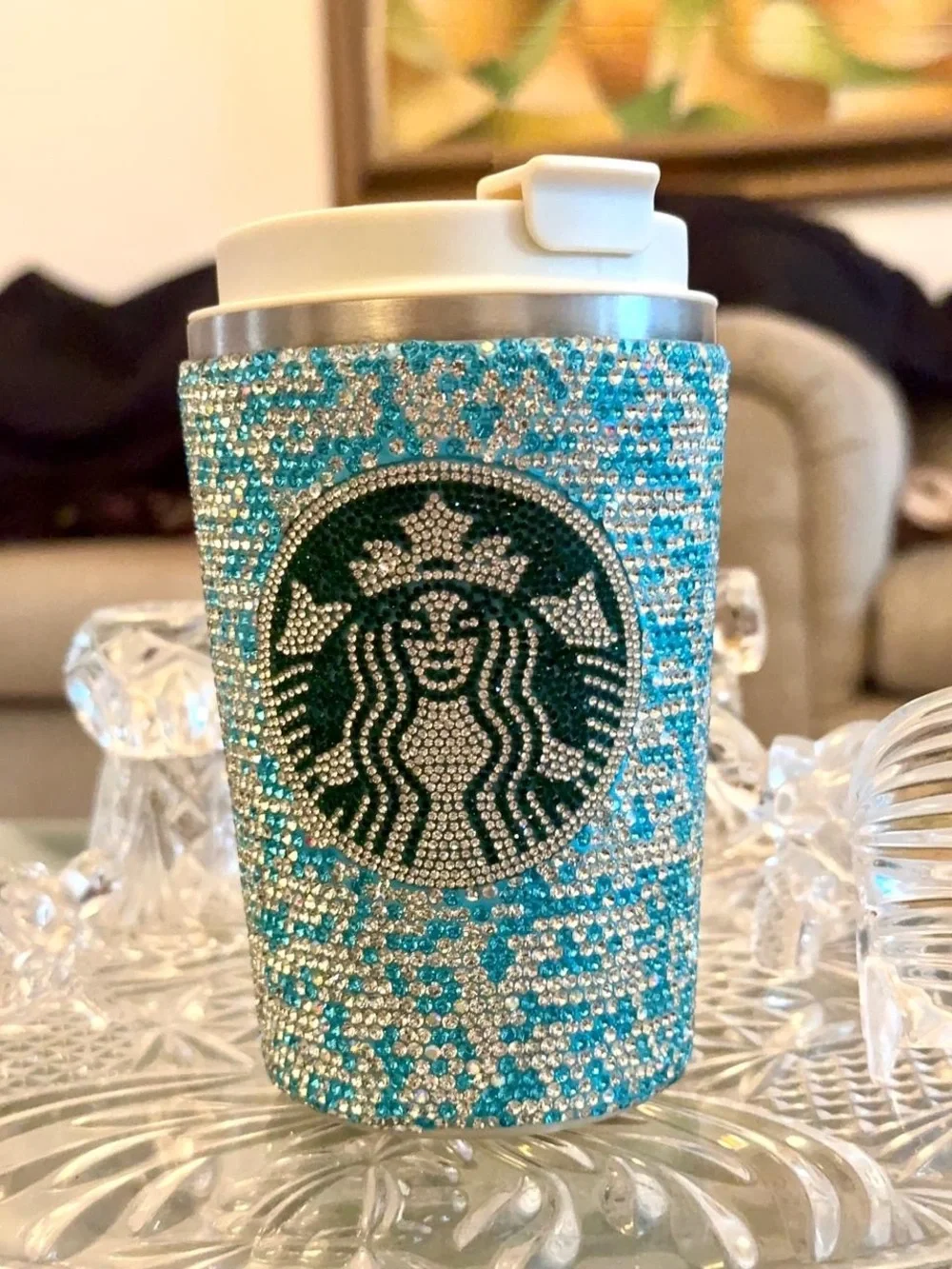 BeautTurquoise& Silver Rhinestone Bling Blue White TemperatureCheck Tumbler